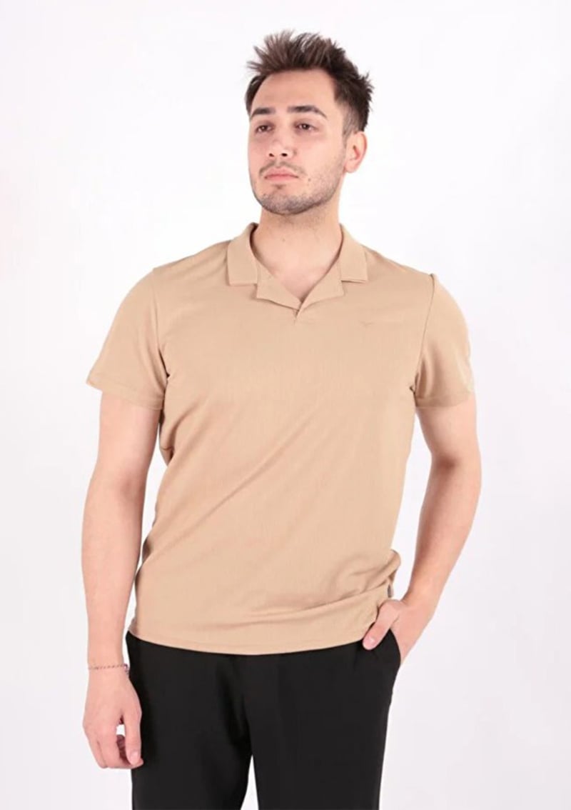 41830 Erkek Bej Bisiklet Yaka T-shirt