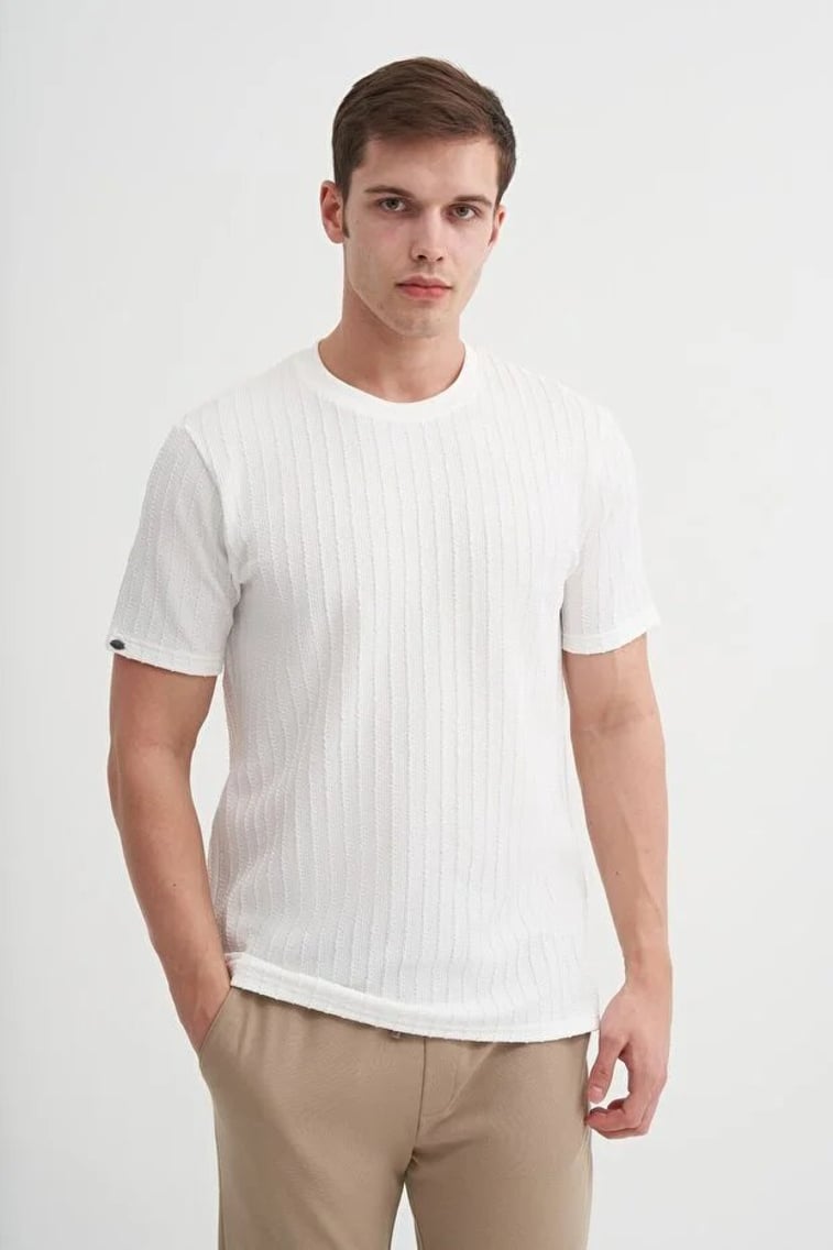 40510 Erkek Beyaz Bisiklet Yaka T-shirt