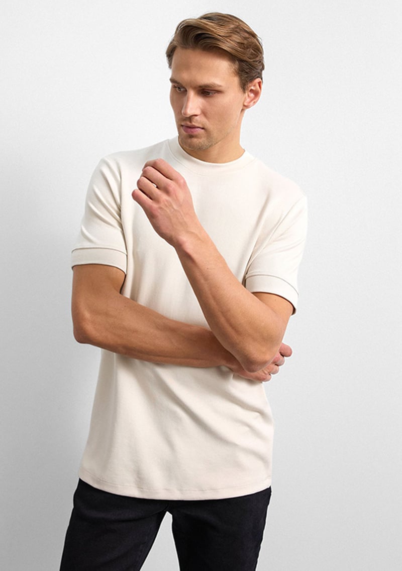 B35W10008 Erkek Bej Bisiklet Yaka T-shirt
