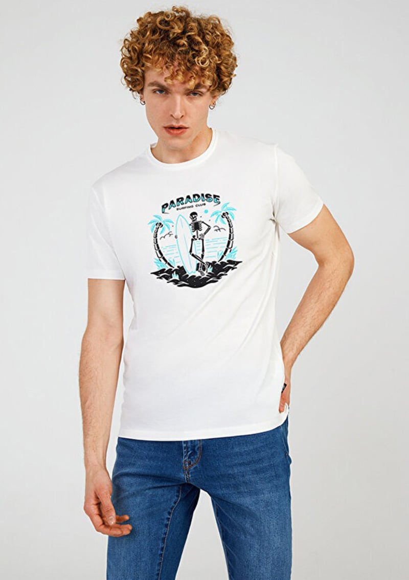 Tc7120 Erkek Beyaz Baskılı T-shirt
