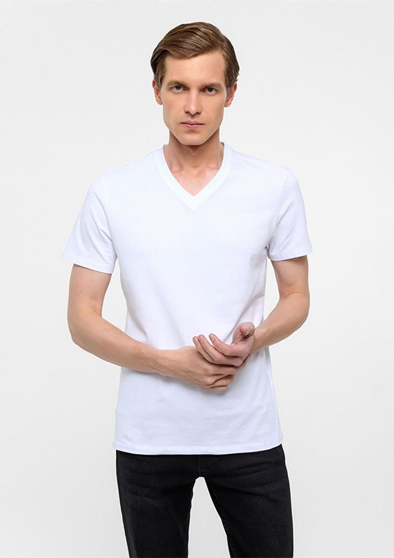 Ts1014000445 Erkek Beyaz V Yaka T-shirt