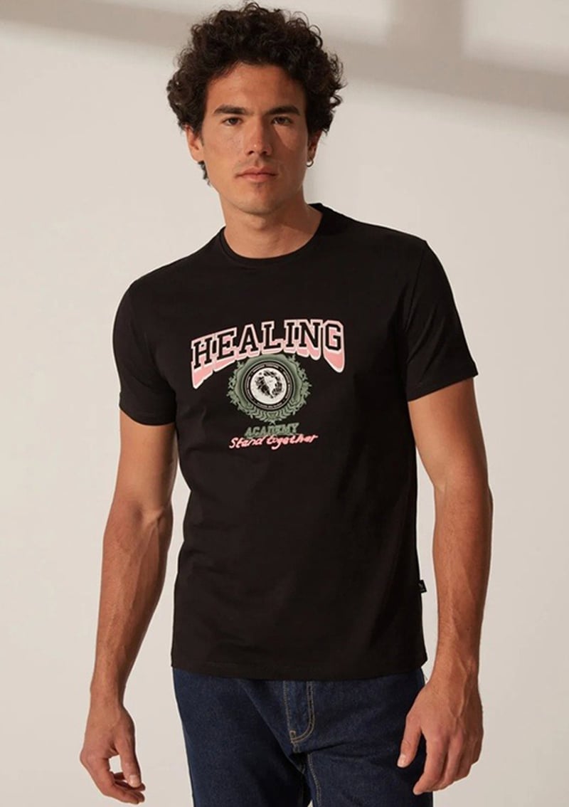 Tc7110 Erkek Siyah Baskılı T-shirt