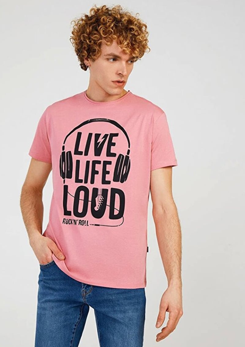 Tc7117 Erkek Pembe Baskılı T-shirt