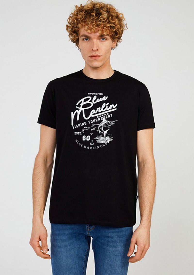 Tc7111 Erkek Siyah Baskılı T-shirt