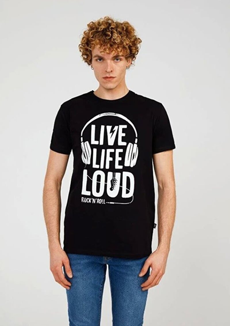 Tc7117 Erkek Siyah Baskılı T-shirt