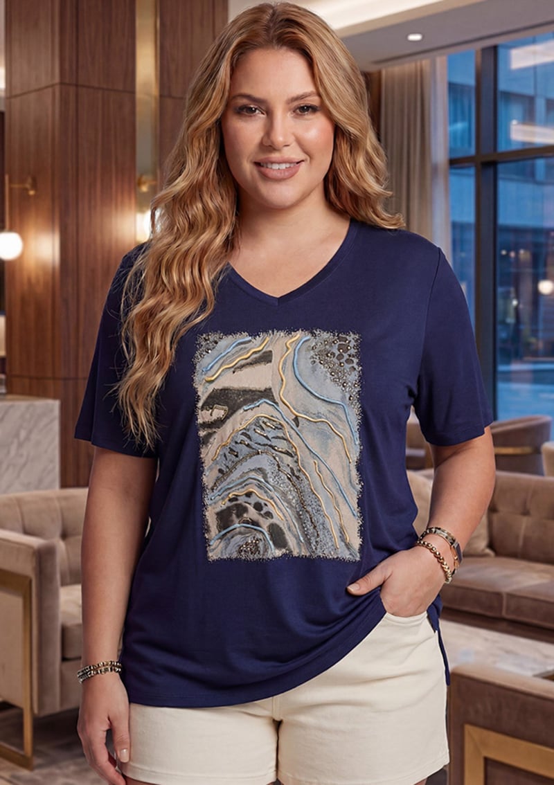 O6903 Kadın Lacivert Baskılı T-shirt