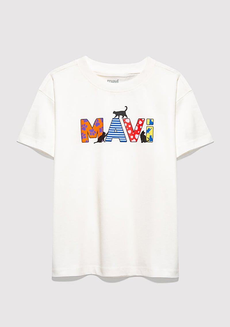 M7610426-70057 Kız Çocuk Beyaz Baskılı T-shirt