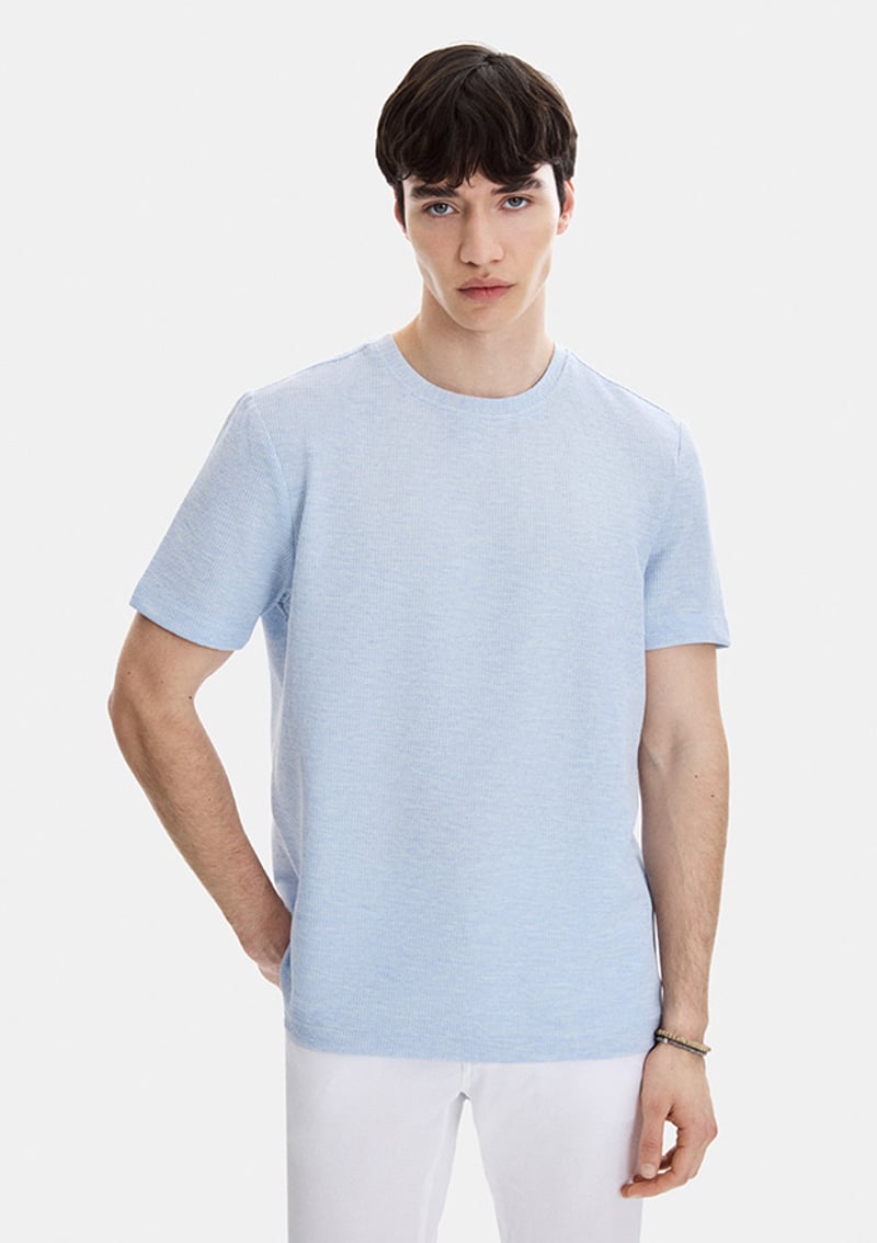 B35S10062 Erkek Mavi Bisiklet Yaka T-shirt