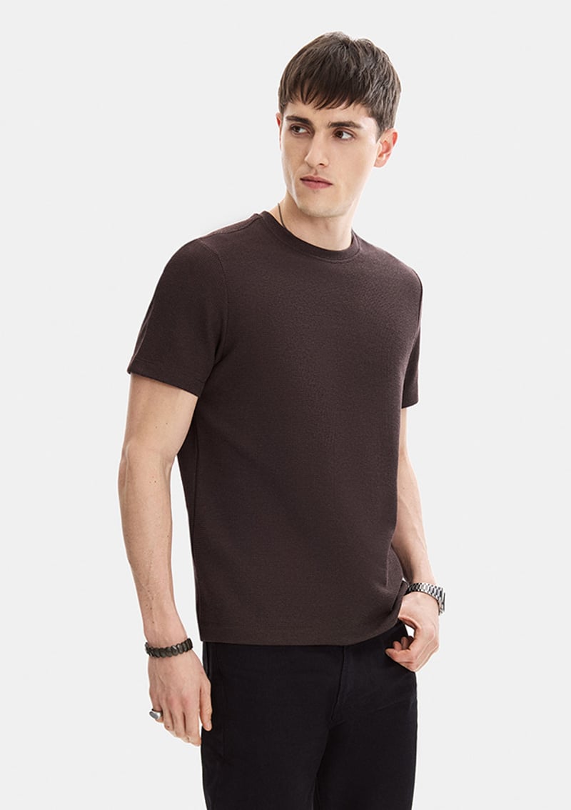 B35S10062 Erkek Kahverengi Bisiklet Yaka T-shirt