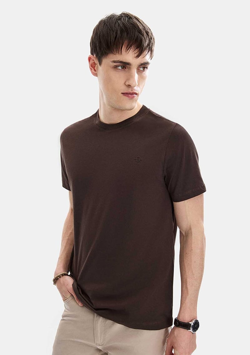 B35S10004 Erkek Kahverengi Bisiklet Yaka T-shirt