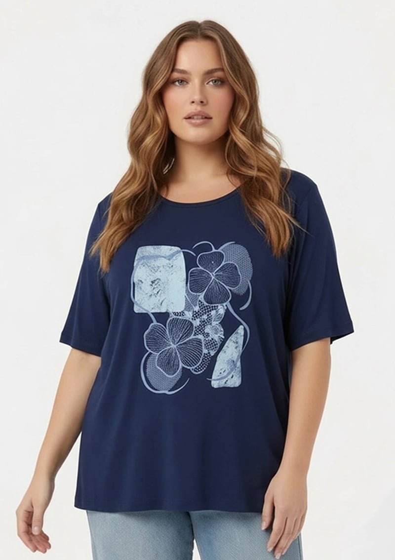 O6811 Kadın Lacivert Baskılı T-shirt