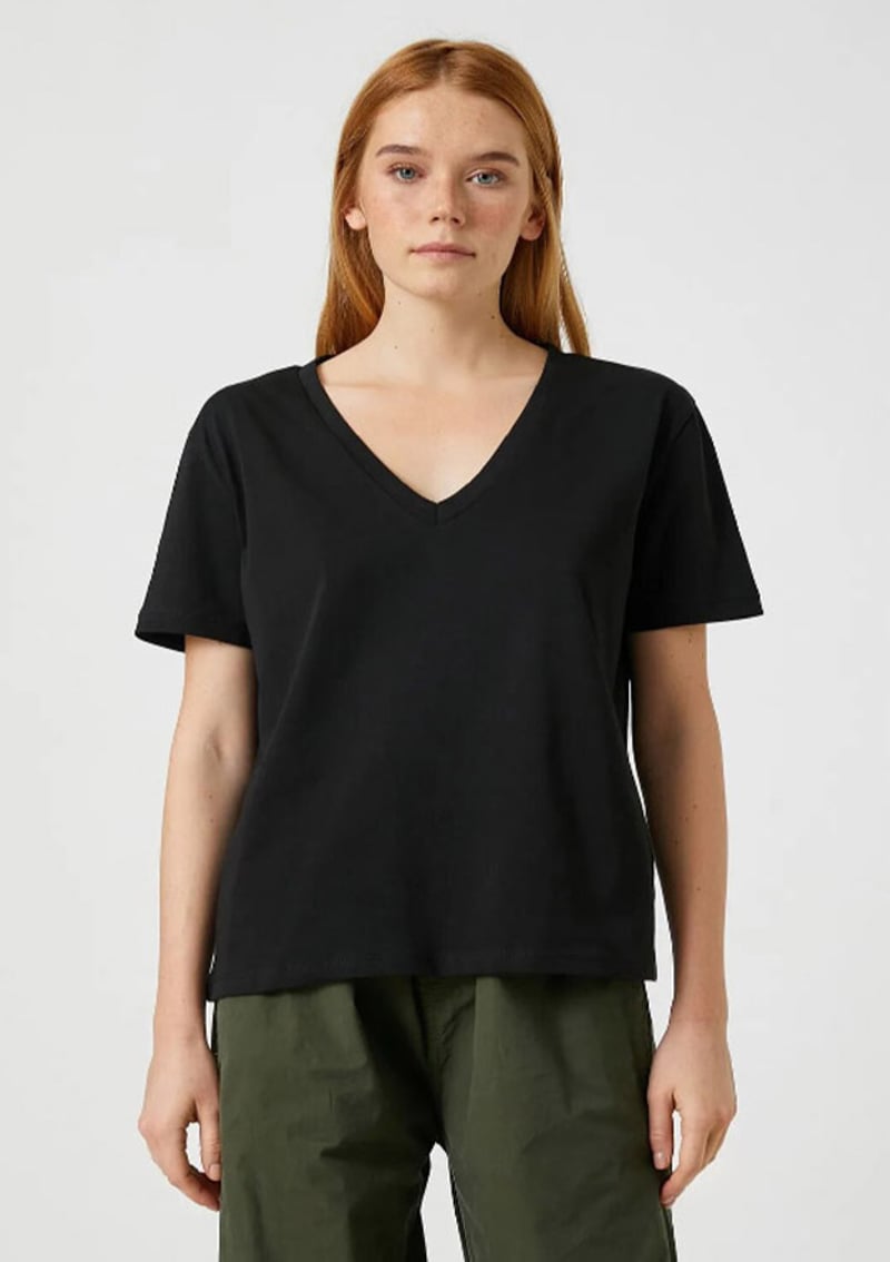 3Sak60002Ek Kadın Siyah V Yaka T-shirt