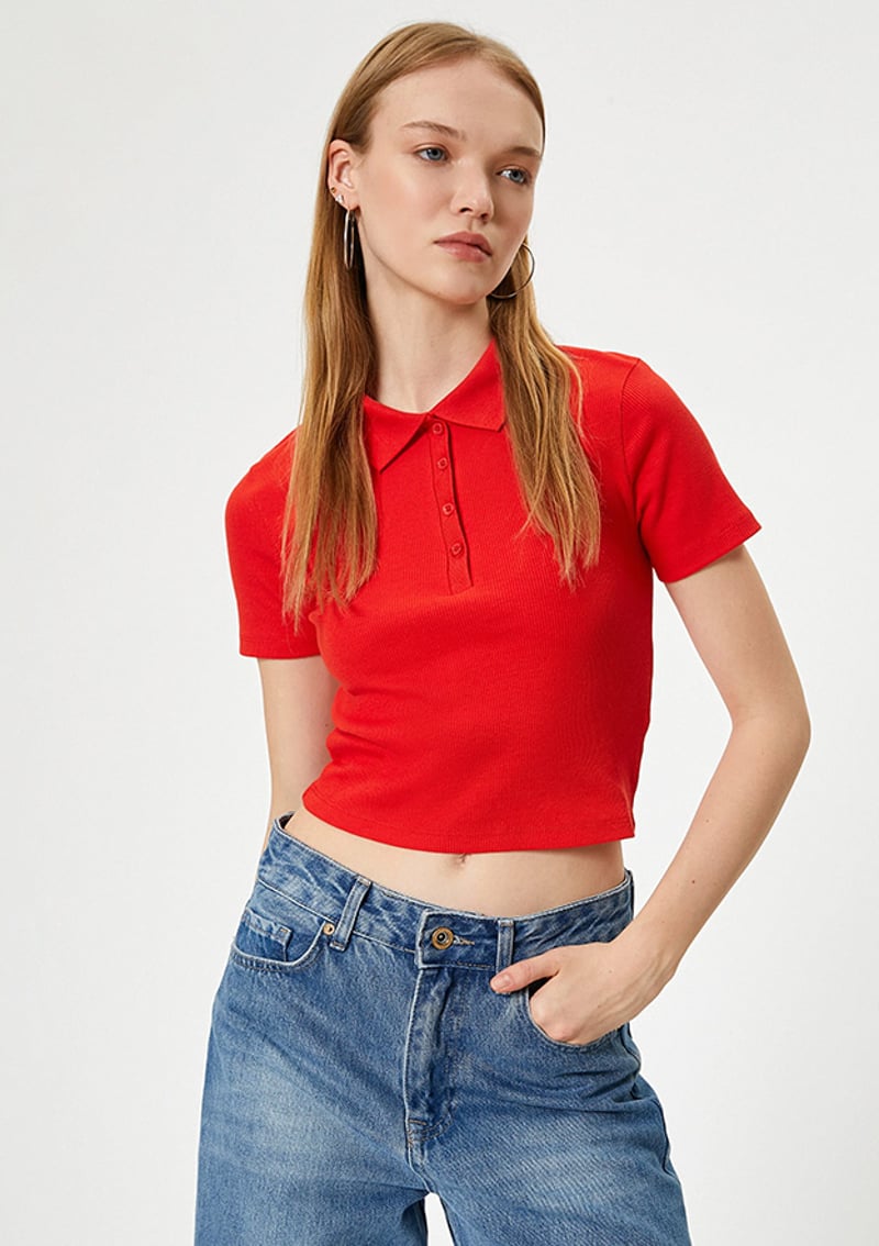 4Sal10846Ik Kadın Kırmızı Polo Yaka T-shirt