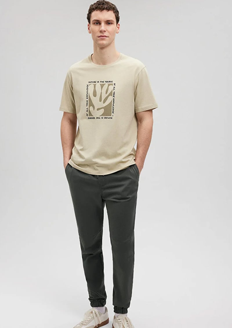 M0612033-70186 Erkek Bej Baskılı T-shirt