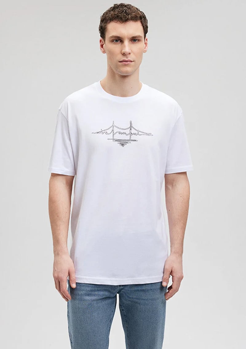 M0611881-620 Erkek Beyaz Baskılı T-shirt