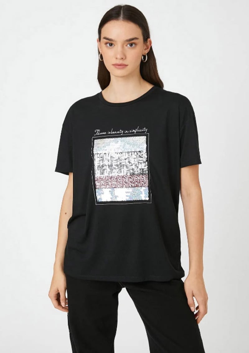 3Sak50032Ek Kadın Siyah Bisiklet Yaka T-shirt