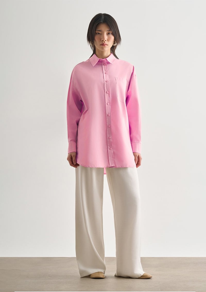 - M2MZ1030130072 Kadın Pembe Premium Saf Pamuk Oversize Gömlek