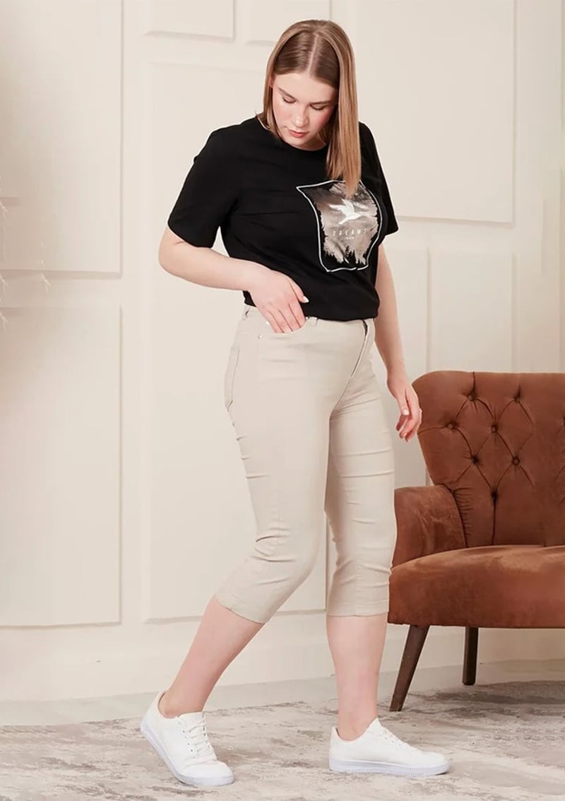 RMG - 1249 Kadın Krem Kapri Pantolon